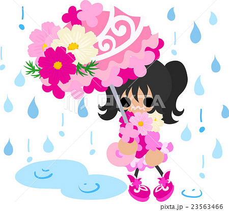 可愛い女の子とコスモスの傘のイラスト素材