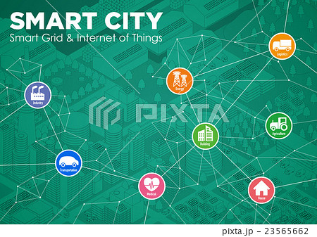 スマートシティの線画と技術アイコンのイラスト素材