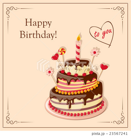 birthday card with cake tier, candle, cherry,candy 23567241