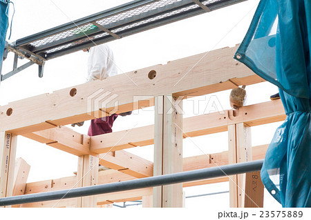 上棟　棟上げ　建前　作業員　大工　基礎工事　住宅建設　足元　工事　建設業　マイホーム　 23575889