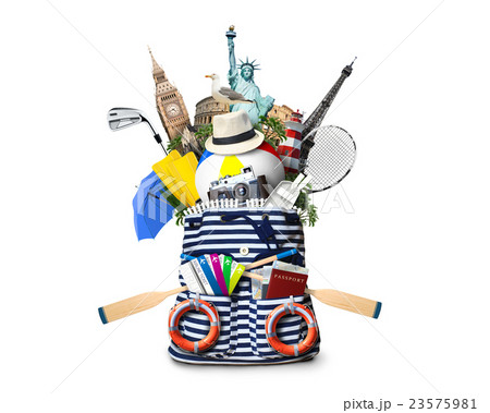 Striped sea bag with oars and plane tickets 23575981
