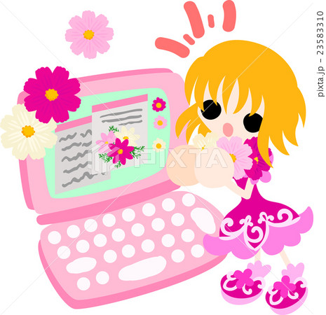 可愛い女の子とコスモスのパソコンのイラスト素材