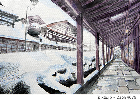 雪国のくらし 雁木のある街のスケッチのイラスト素材