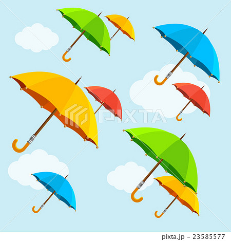 Vector colorful umbrellas fly with clouds. Flat 23585577
