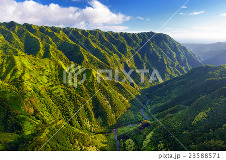 Aerial view of green fields on Kauai, Hawaii 23588571