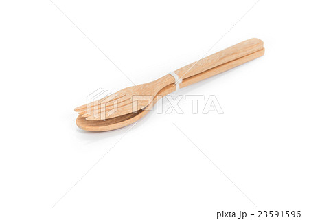 Wooden spoon and fork, on white background 23591596