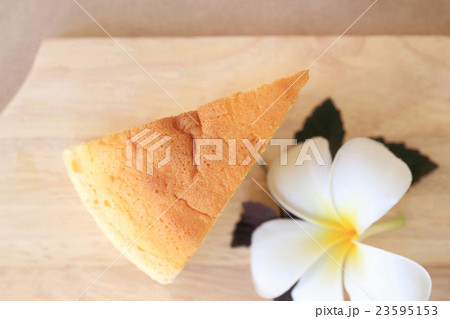 Pieces of Japanese style Cheesecake, top view. 23595153