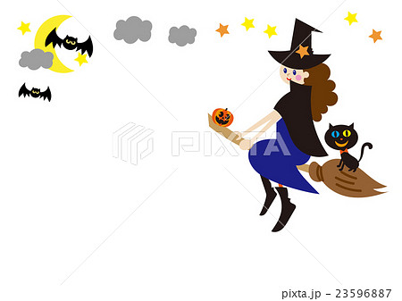 ハロウィン素材　空を飛ぶ魔女　コウモリ 23596887