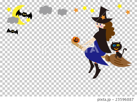 ハロウィン素材　空を飛ぶ魔女　コウモリ 23596887