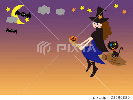 ハロウィン素材　空を飛ぶ魔女　コウモリ 23596889