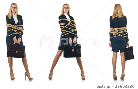 Woman tied up isolated on the white background Woman tied up isolated on the white background 23603230