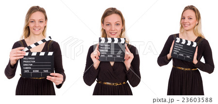 Brown dress girl holding clapperboard isolated on Brown dress girl holding clapperboard isolated on 23603588