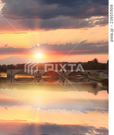 Avignon Bridge and river at sunset,Provence,France 23605909