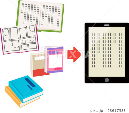 本 コミックスと電子書籍 タブレット のイラスト素材