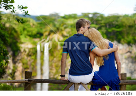 Young couple enjoying a view on Chamarel falls of Mauritius 23626188