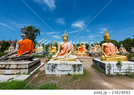 Many Budddha statues against blue sky Many Budddha statues against blue sky 23628692