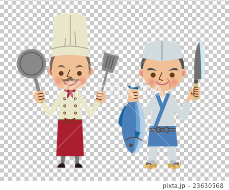 調理器具を持つシェフと魚を持つ板前のイラスト素材
