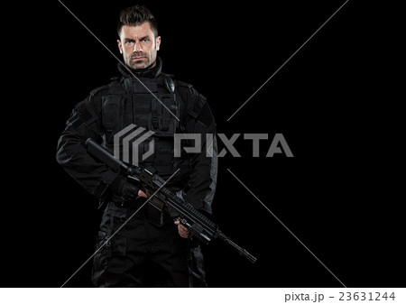 Spec ops police officer SWAT in black uniform stud 23631244