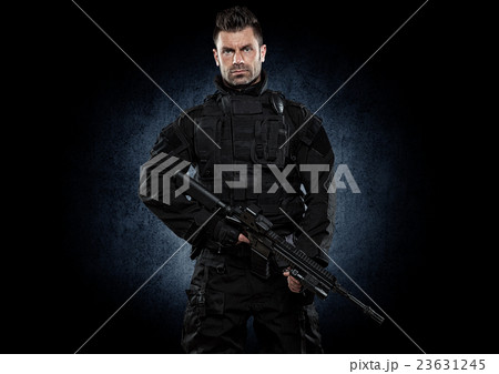 Spec ops police officer SWAT in black uniform stud 23631245