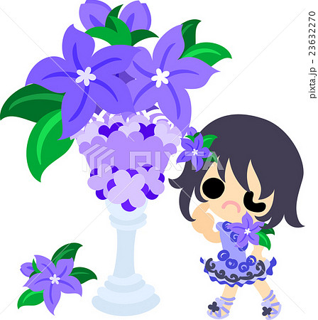 可愛い女の子と紫の花の花瓶のイラスト素材