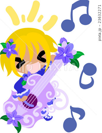 可愛い女の子と紫の花のギターのイラスト素材