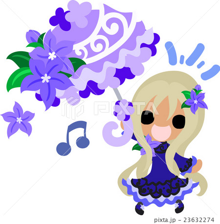 可愛い女の子と紫の花の日傘のイラスト素材
