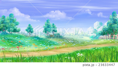 Rural Landscape With Flowers And Grass Around Pathのイラスト素材