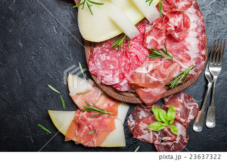 Italian ham, prosciutto and salami with melon. Italian ham, prosciutto and salami with melon. 23637322