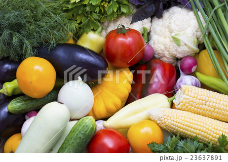 Background of fresh vegetables and greens closeup 23637891