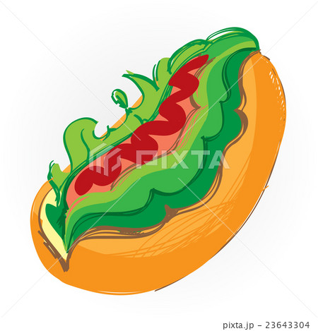 Hot dog, bun with sausage colorful hand drawing. 23643304