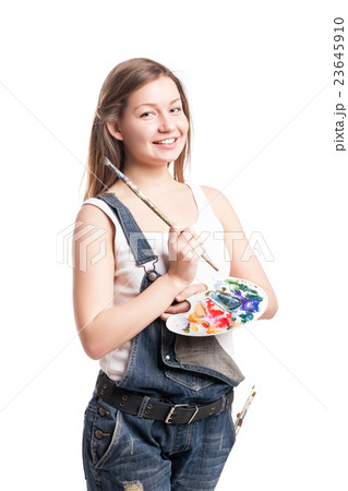 Artist woman with paint palette keeping brush Artist woman with paint palette keeping brush 23645910