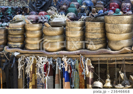 singing bowls displayed at a market in Kathmandu singing bowls displayed at a market in Kathmandu 23646668