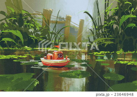 toy boat sailing on river in forest 23646948