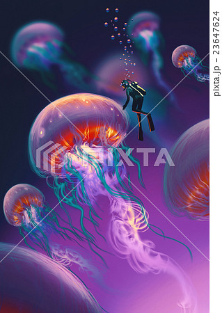jellyfishes and diver in fantasy underwater jellyfishes and diver in fantasy underwater 23647624