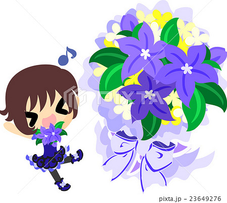 可愛い女の子と紫の花のブーケのイラスト素材