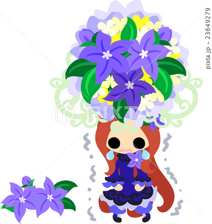 泣いている可愛い女の子と紫の花の大きな花冠のイラスト素材