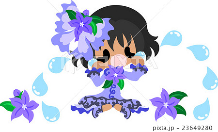 泣いている可愛い女の子と紫の花のリボンのイラスト素材