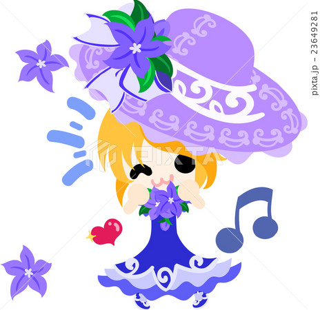 可愛い女の子と紫の花の帽子のイラスト素材