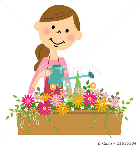 花に水やりする女性のイラスト素材