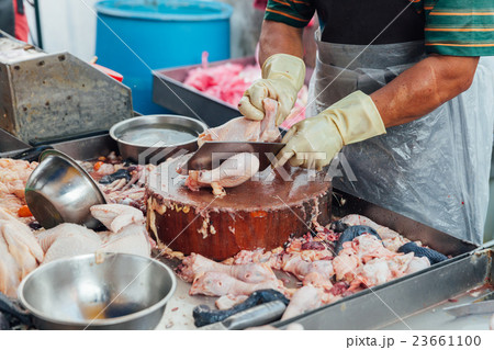 Butcher separates pieces of raw chicken for sale Butcher separates pieces of raw chicken for sale 23661100