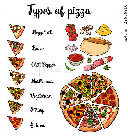 Types Of Pizza And Basic Ingredientsのイラスト素材 23666810 Pixta