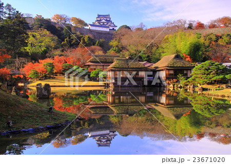 彦根城 滋賀県 彦根市 玄宮園の紅葉の写真素材