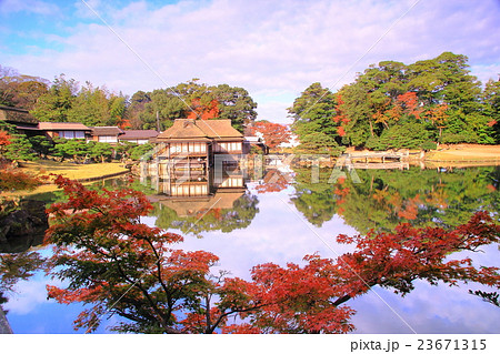 彦根城 滋賀県 彦根市 玄宮園の紅葉の写真素材