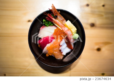 Chirashi sushi, Japanese food rice bowl, top view 23674634