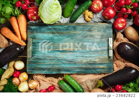 Frame made from fresh vegetables on wooden Frame made from fresh vegetables on wooden 23682822