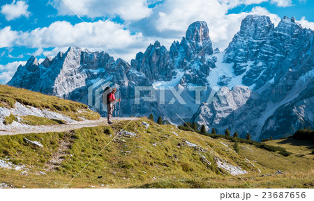 hiker with backpack standing on path in mountains hiker with backpack standing on path in mountains 23687656