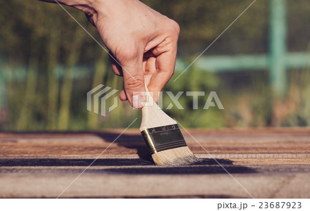 Paint brush on wooden table use for home decorated Paint brush on wooden table use for home decorated 23687923