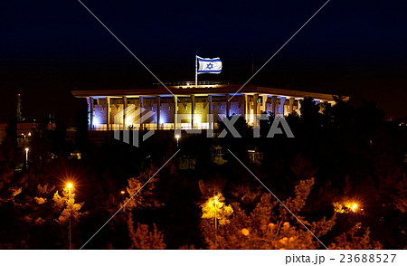 Knesset with flag Parliament of Israel at night 23688527