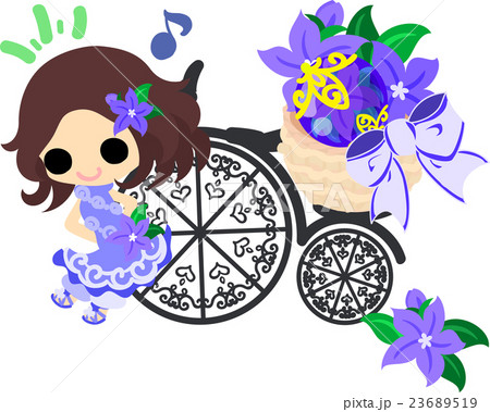 可愛い女の子と紫の花の自転車のイラスト素材