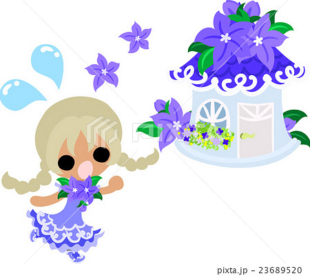 可愛い女の子と紫の花の家のイラスト素材 2365